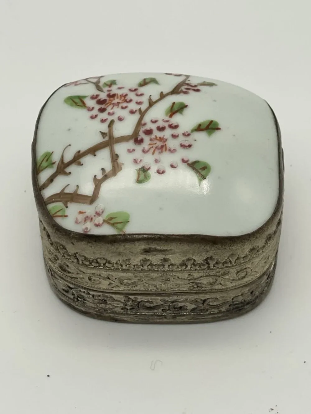 Vintage Chinese Porcelain Shard Trinket Box Tree Branch Floral Print
